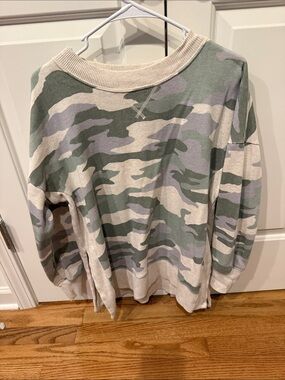 aerie Camo Crewneck Sweatshirt in Green and Cream
